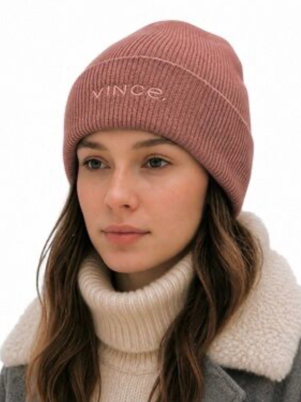 Vince Wool Cashmere Beanie Hat Logo Cuffed One Size